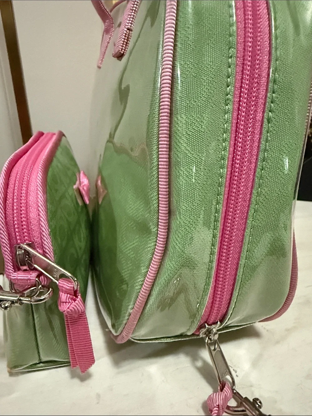 Liz Claiborne Green and Pink Cosmetic Tote with Matching Wristlet